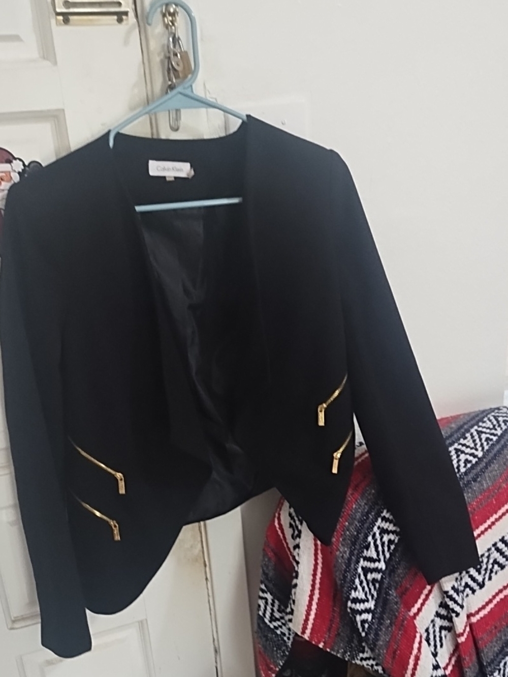 Calvin Klein Black Open-Front Blazer with Gold Zipper Details